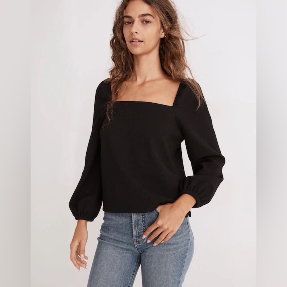 Madewell Crepe Square Neck Puff Sleeve Top Black S